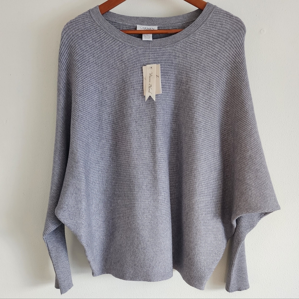 Carmen Marc Valvo Grey Ribbed Batwing Sweater NWT
